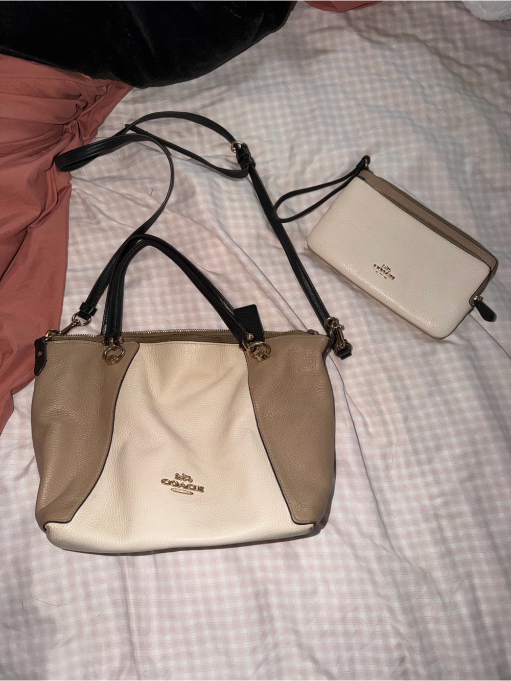 Coach Two-Tone Pebbled Leather Satchel in Cream and Taupe with Black Strap